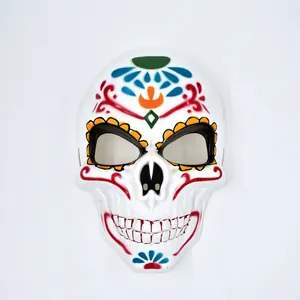 Detailed view of a white Day of the Dead skull mask featuring vibrant floral patterns