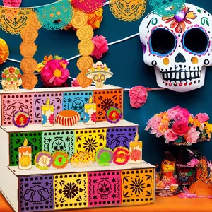 Detail view of Mexico Day of the Dead wooden tiered altar set with colorful skull patterns