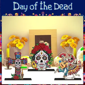 Day of the Dead wooden standee decorations with sugar skulls and dancing skeletons