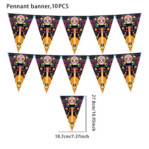 Day of the Dead themed triangular pennant banner set with 10 flags and skull guitar pattern
