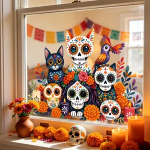 Day of the Dead sugar skull pet window sticker displayed on a glass window with candles