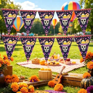 Mexikanische Tag der Toten Wimpelkette Totenkopf Dreieck Flagge Banner Polyester Girlande für Halloween Dekoration Outdoor