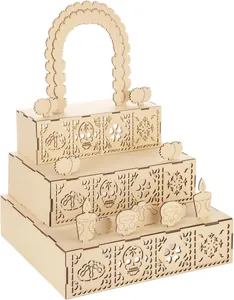 Detailed view of 3-tier Halloween wooden display stand with laser-cut skull patterns