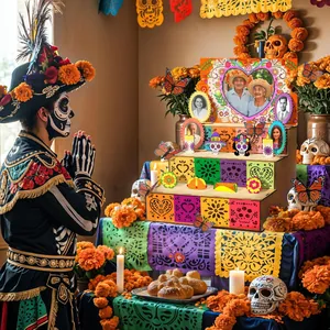 Detailed view of wooden Day of the Dead altar with colorful frames and marigolds.