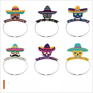 Set of 6 Day of the Dead headbands with colorful sombreros and sugar skulls.