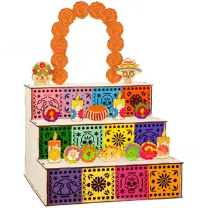 Detailed macro view of a three-tier wooden altar set for Mexico's Day of the Dead celebration