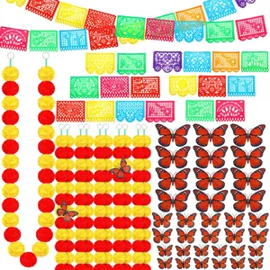 Detailed view of Mexican Day of the Dead kit including marigolds, banners and butterflies