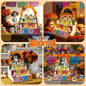Tiered wooden Día de Muertos altar stand for photos with traditional skull and floral designs