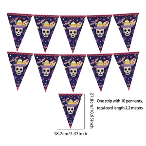 Mexikanische Totenkopf-Wimpelkette zum Tag der Toten mit 10 Flaggen, 2,2 m totale Gesamtlänge