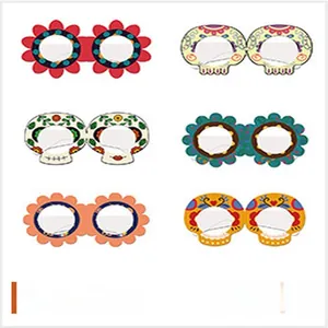 Selection of six vibrant Day of the Dead themed paper glasses for Mexican party decor