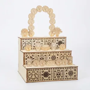 Three-tier wooden Day of the Dead altar stand with laser-cut sugar skull patterns