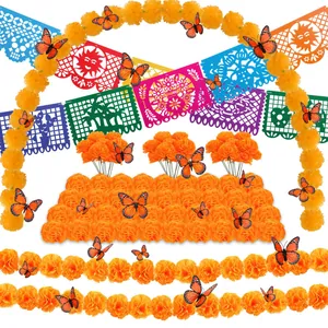 Full set of Mexican Dia de los Muertos marigold garlands and colorful banners
