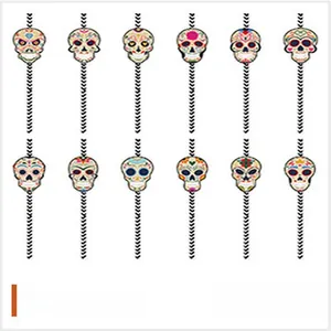 Set of Day of the Dead decorative skull straws for colorful Mexican themed party supplies