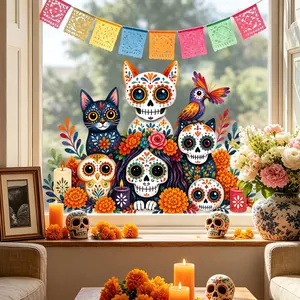 Detailed view of Day of the Dead static cling window stickers with cute animal sugar skulls