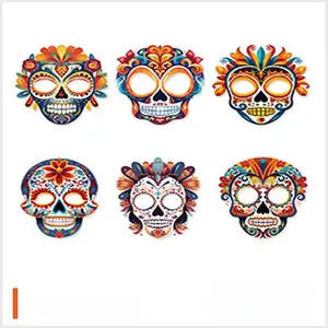 Detailed view of six colorful Mexican Day of the Dead sugar skull masks for parties