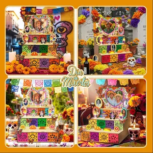 Traditional Dia de los Muertos wooden altar with DIY photo frames in festive scenes
