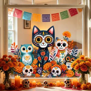 Day of the Dead window clings featuring cute sugar skull cats and owls on a bright glass
