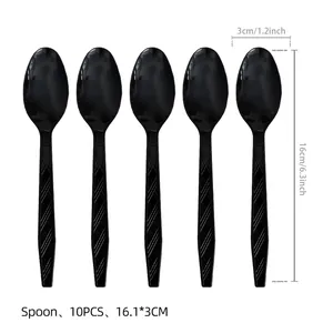 Set of 10 black disposable plastic spoons with textured handles for party dining events