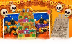 Day of the Dead tiered wooden altar with laser-cut patterns and photo display frames