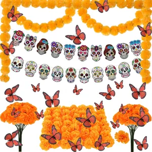 Day of the Dead decoration set with marigold garlands butterfly and sugar skull banners