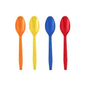 Detailed view of colorful plastic spoons in orange, yellow, blue, and red for parties.