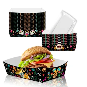 Mexican Day of the Dead themed paper snack trays with vibrant sugar skull patterns.