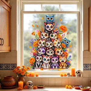 Vibrant Day of the Dead cat and owl static window sticker displayed on a kitchen window