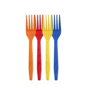 Detailed view of colorful plastic forks for vibrant Mexican fiesta party table decorations