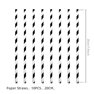 Black and white striped disposable paper straws for Day of the Dead party 10pcs 20cm