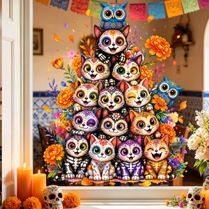 Day of the Dead cat and owl static window sticker with marigold floral accents decoration