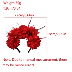 Serre-tête fleuri rouge Halloween Jour des Morts avec taille 22x18cm et poids de 35g