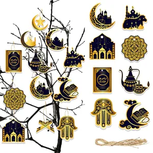 Set mit Eid Mubarak Hängeornamenten, Moschee- und Monddesigns in elegantem Blau und Gold