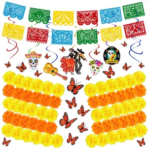 Day of the Dead Mexican party decor set with marigold garlands and papel picado