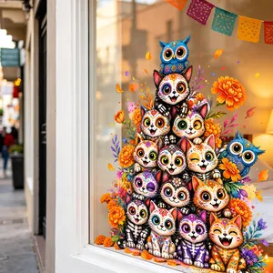 Colorful Day of the Dead cat and owl static cling window decals for festive glass decoration
