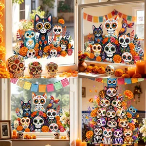 Day Of The Dead Window Clings Sugar Skull Cat Owl Marigold Static Cling Glass Stickers For Mexican Festival Home Decor