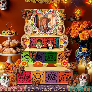 Colorful 3-tier wooden Day of the Dead altar with DIY photo frames and butterfly decor