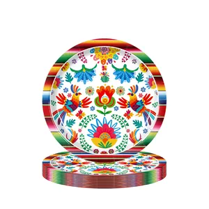 Detailed view of Mexican Fiesta paper plates with vibrant Otomi-style folk art pattern.