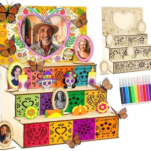 Halloween wooden DIY 3-tier photo frame stand with 12 markers set for kids craft