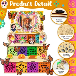 Day of the Dead wooden tiered altar with DIY photo frames and festive Mexican patterns.