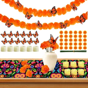 Detailed view of Mexican Day of the Dead decor set with marigold garlands and butterflies