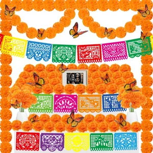Mexican Day of the Dead decor set with marigold garlands, colorful banners, and butterflies