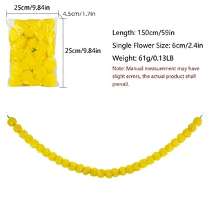 Detailed view of yellow marigold flower garland with size and weight specifications
