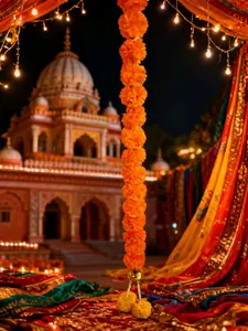 Ghirlanda di calendula artificiale con campana dorata e nappe di perle per festa di Diwali