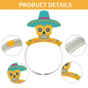 Colorful Mexican Day of the Dead skull headband with sombrero and festive banner details