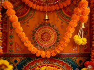 Primo piano di ghirlande di calendula arancione con campanelle dorate per decoro Diwali
