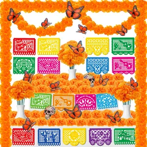 Day of the Dead decoration set with marigold garlands, monarch butterflies and banners