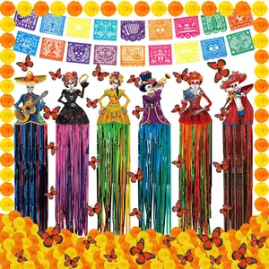 Detail of Day of the Dead decoration kit with skeletons, banners, and marigolds.
