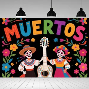 Dia de los Muertos party backdrop featuring skeletons and colorful flowers