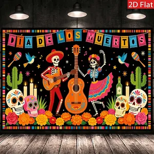 Day of the Dead backdrop featuring skeletons dancing and playing guitar in a room setting