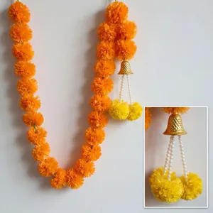 Orange artificial marigold flower garland with golden bells and pearl tassels for Diwali